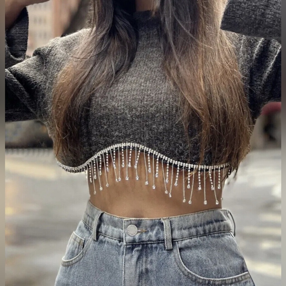 ZARA Cropped Soft Knit Sweater with Rhinestone Long Sleeve Size M